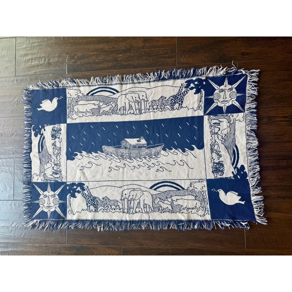 Vintage Noah's Ark Woven Tapestry Blanket 32x48 Fringe Christian Biblical Sun